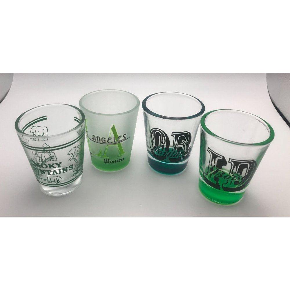 SET OF 4 "GREEN-THEMED" SHOTGLASSES inc Smokey Mountains, Boise, Portland, Los A